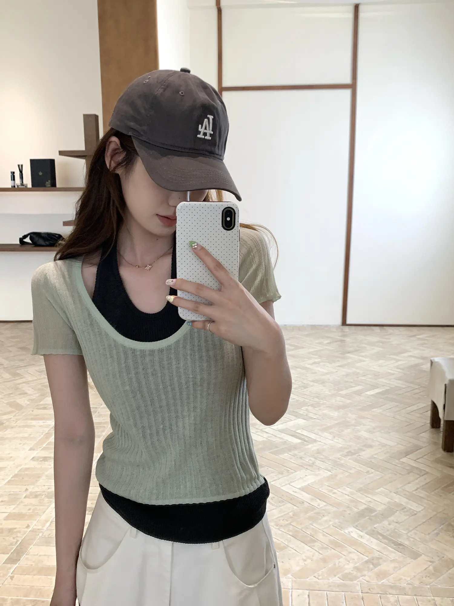 홀터넥 레이어드 니트 반팔 탑 상세 이미지 4