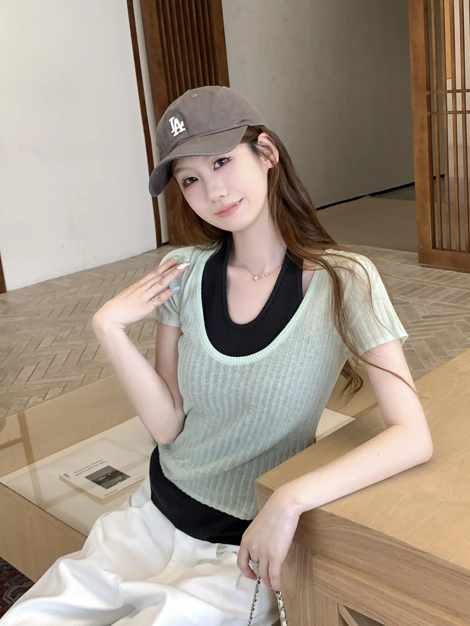 홀터넥 레이어드 니트 반팔 탑 상세 이미지 7