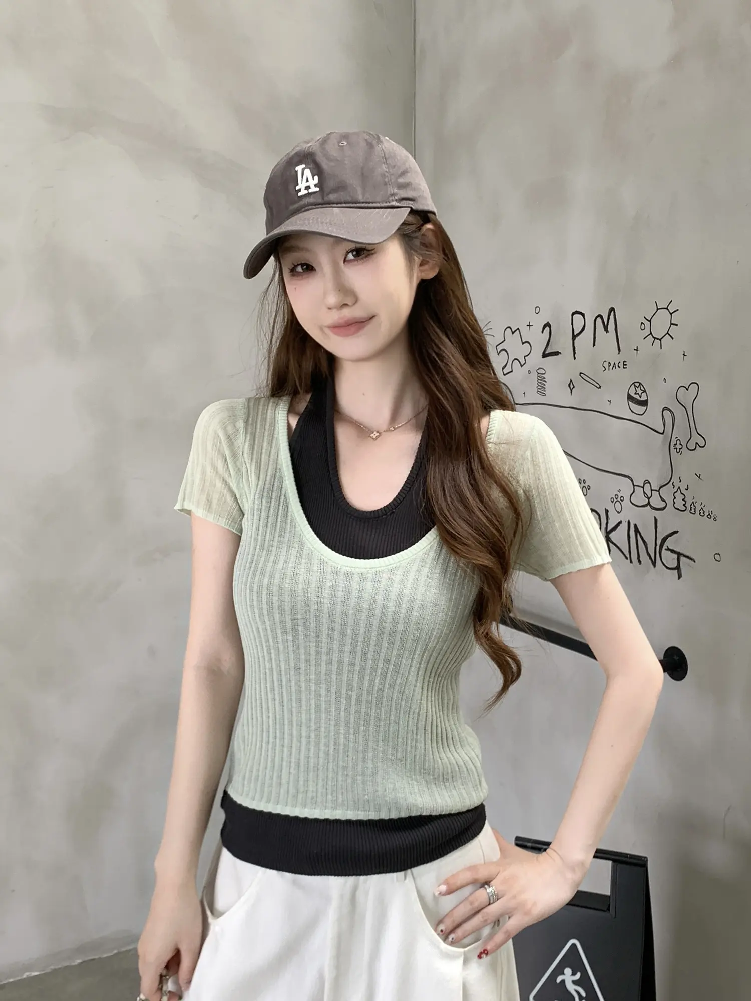 홀터넥 레이어드 니트 반팔 탑 상세 이미지 12