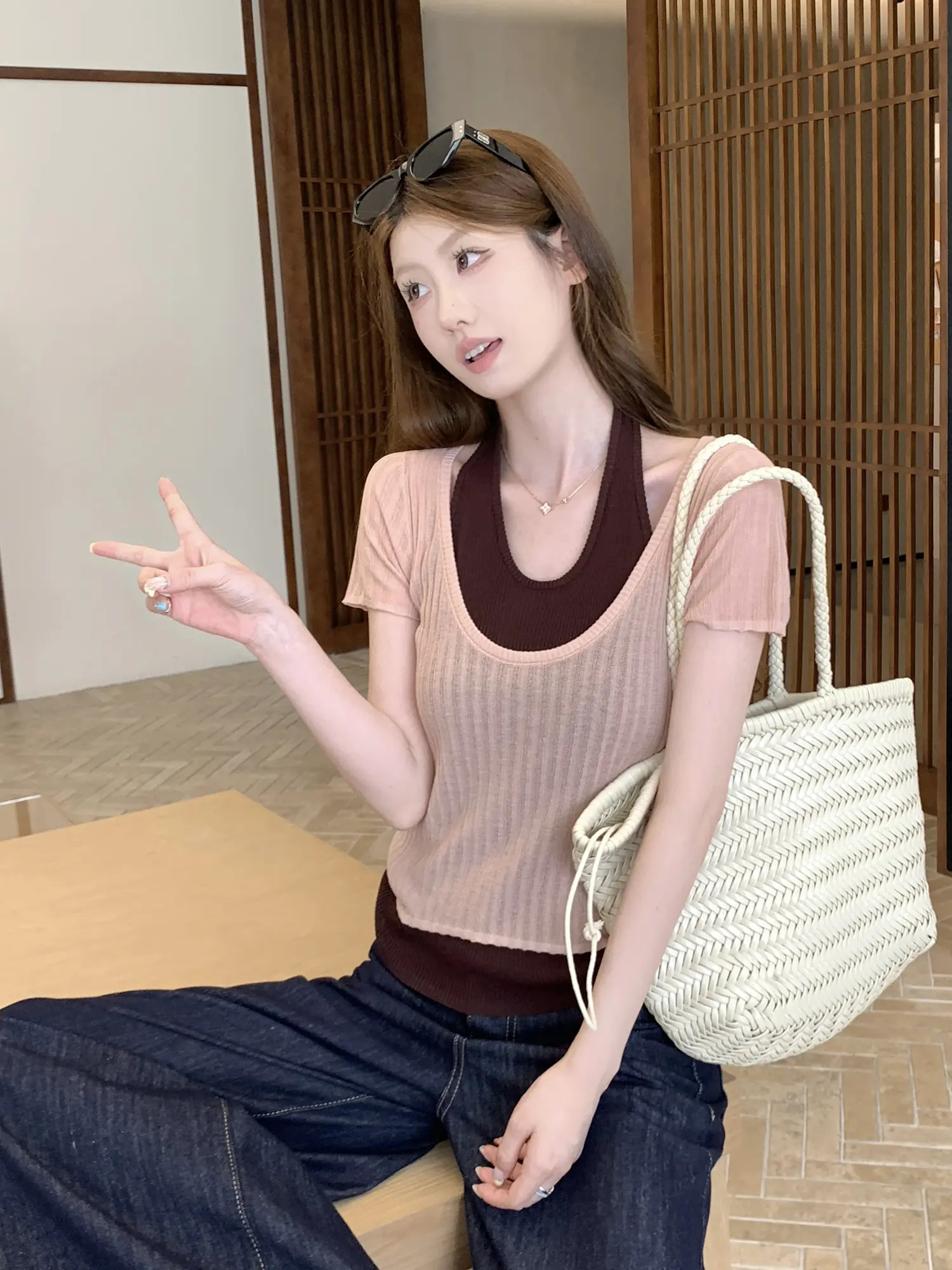 홀터넥 레이어드 니트 반팔 탑 상세 이미지 15