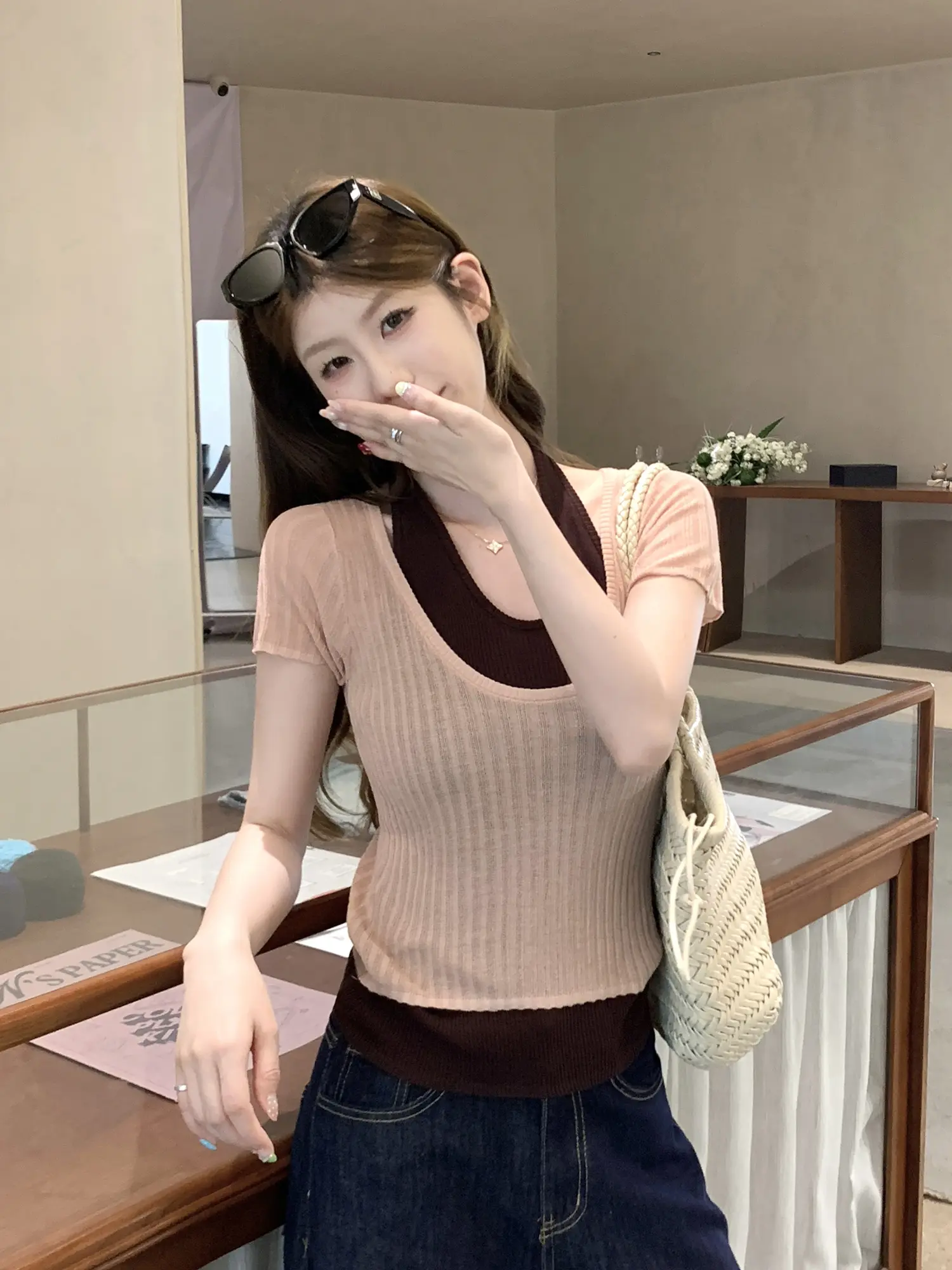 홀터넥 레이어드 니트 반팔 탑 상세 이미지 18
