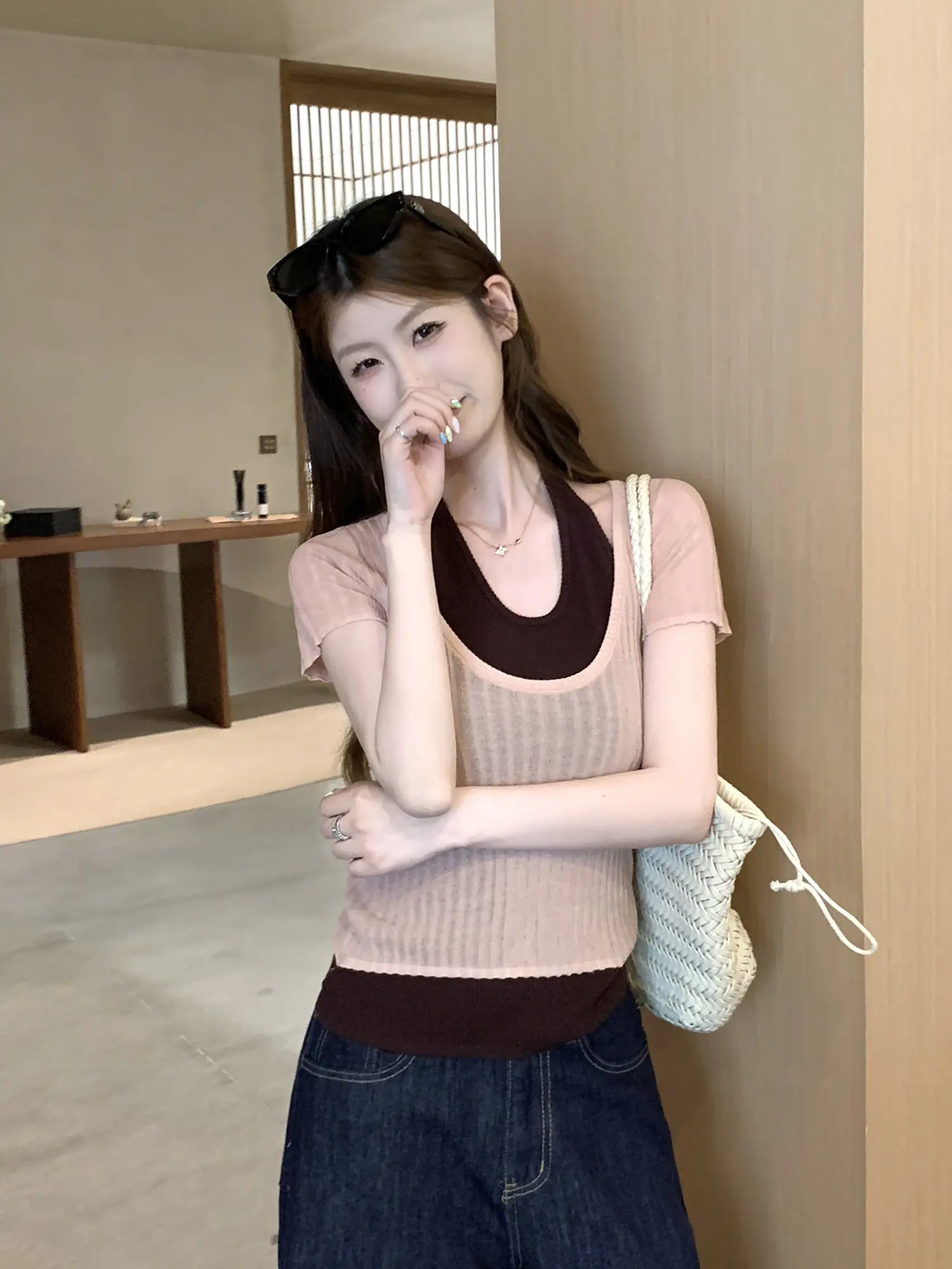 홀터넥 레이어드 니트 반팔 탑 상세 이미지 19