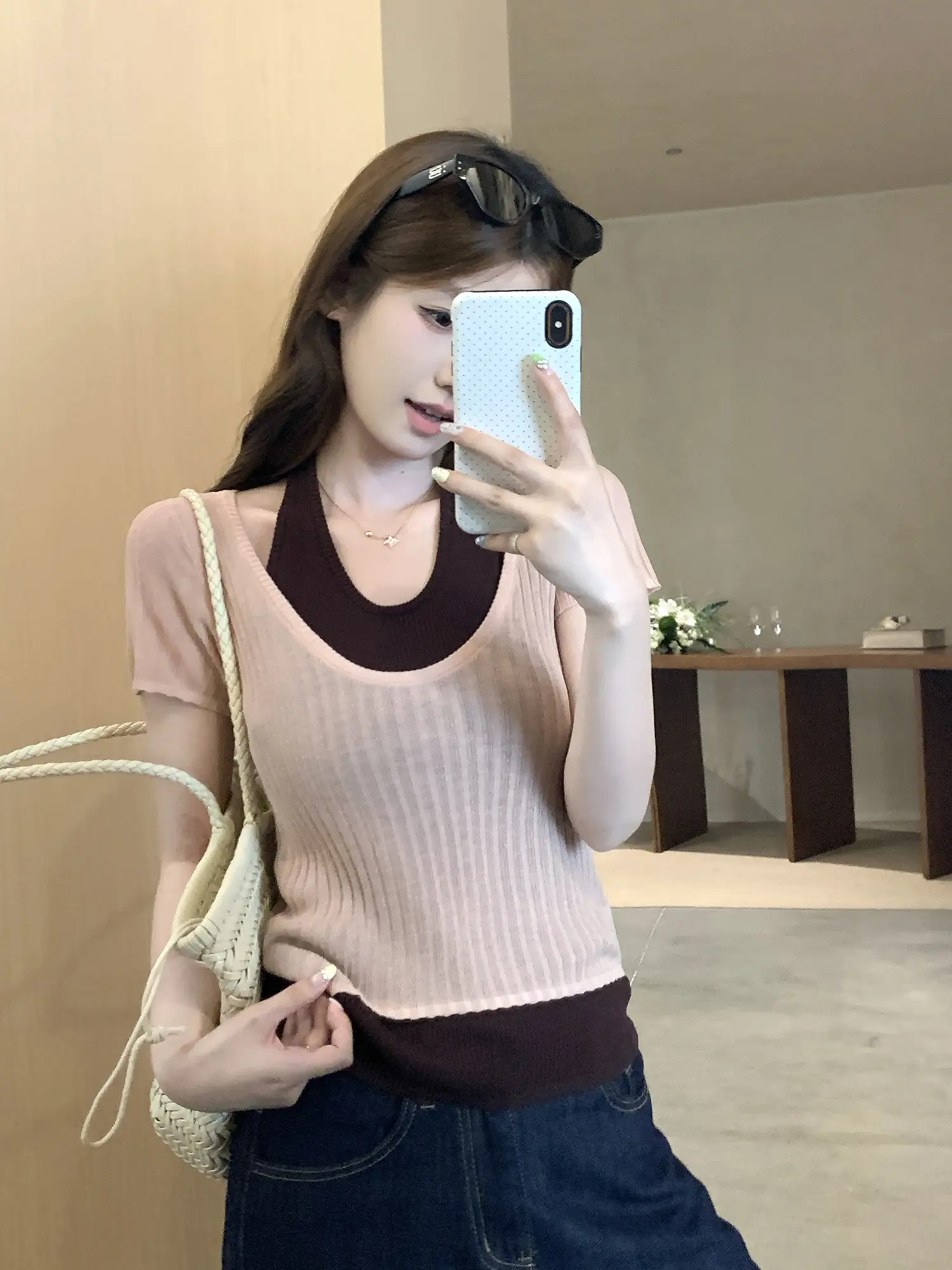 홀터넥 레이어드 니트 반팔 탑 상세 이미지 20