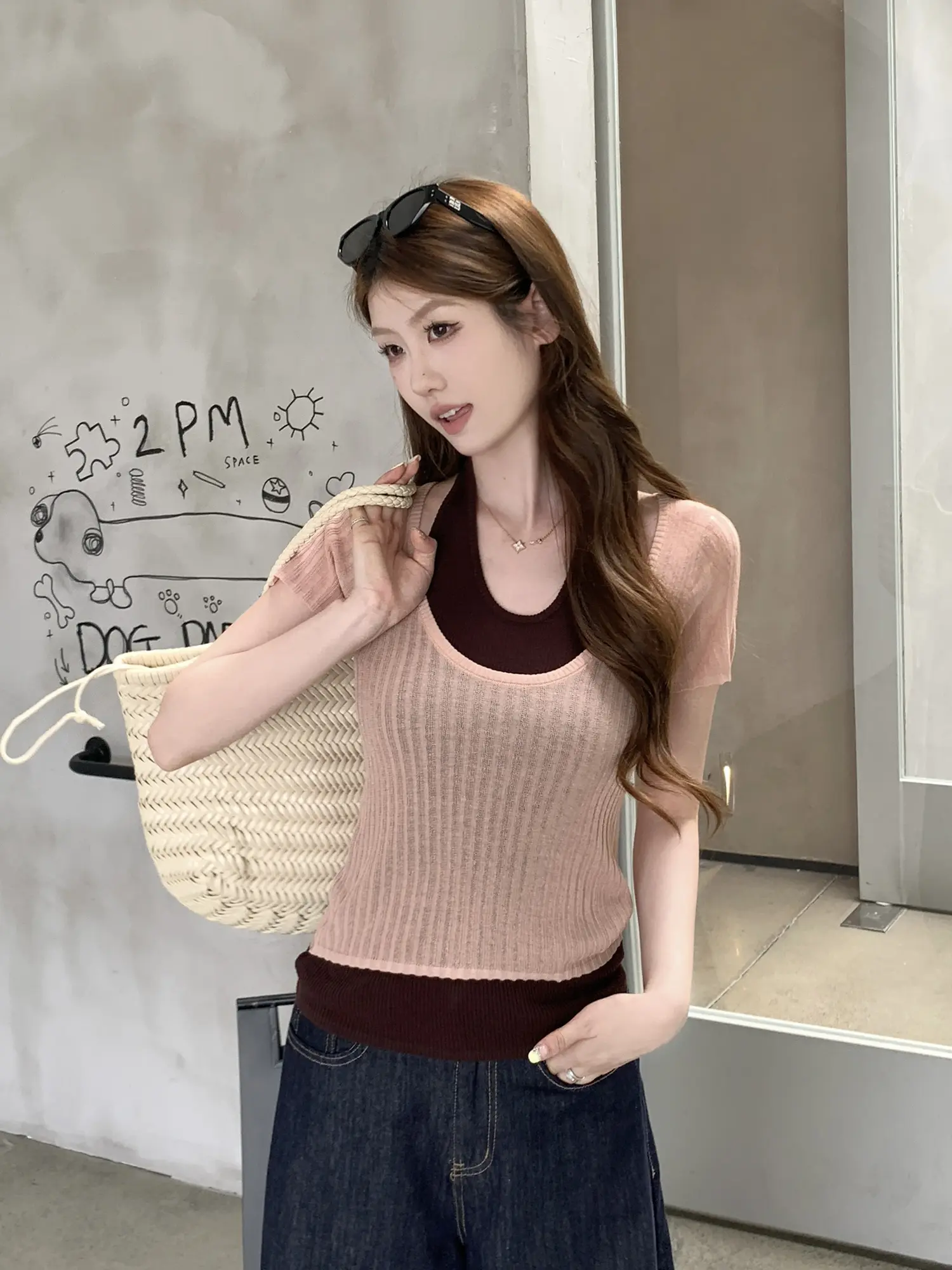홀터넥 레이어드 니트 반팔 탑 상세 이미지 22