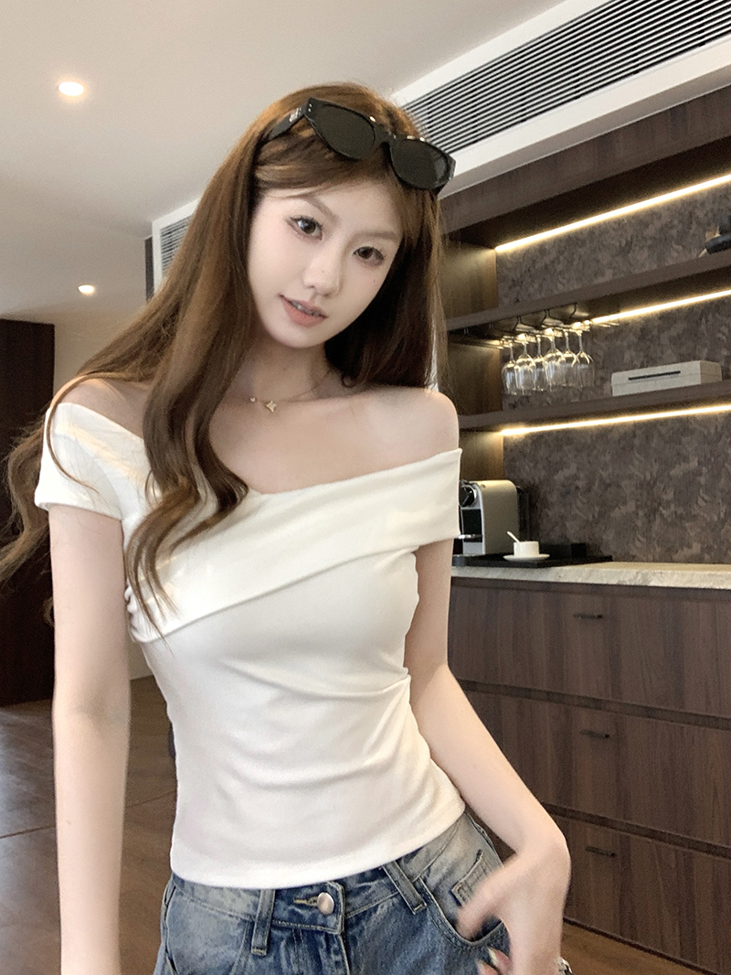 RY5605# 实拍~法式绝美白色一字领露肩短袖T恤女夏季高级感气质锁骨上衣