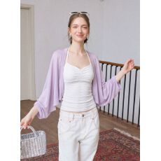 批发<b class='q'>韩版</b>紫色薄款长袖针织开衫女夏季防晒罩衫蝙蝠袖短款外搭上衣外套