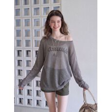 批发美式辣妹灰色斜肩露肩<b class='q'>长袖</b><b class='q'>t</b><b class='q'>恤</b>女夏宽松薄款针织镂空防晒罩衫上衣
