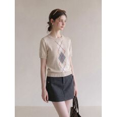 批发菱形<b class='q'>格子</b>上衣针织衫圆领针织设计感小众T恤女
