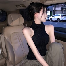 批发黑色纯欲露背吊带背心女装夏季辣妹绑带针织独特别致小众上衣外穿