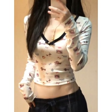 批发已出货 210克提花韩系v领长袖t恤女<b class='q'>春</b>秋薄小众辣妹BM风修身上衣