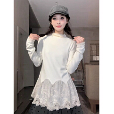 批发已出货 260克随心裁<b class='q'>莫代尔</b>1*1 不规则叠穿蕾丝拼接裙摆长袖T恤