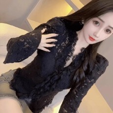 批发已出货 <b class='q'>镂空</b>蕾丝衫女早秋新款绝美法式木耳边V领修身内搭长袖上衣