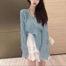 批发已出货 早秋女装防晒衣<b class='q'>雪纺衫</b>女长袖设计感<b class='q'>中长款</b>外搭开叉上衣女