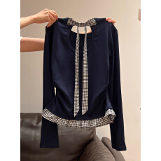 批发藏蓝色蝴蝶结格子拼接下摆长袖T恤女2025早秋褶皱修身打底衫上衣