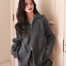 批发2025年秋季新款慵懒宽松拉链纯色针织上衣高腰阔腿裤女