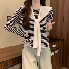 批发粉色条纹披肩打底衫上衣女早秋氛围感穿搭独特漂亮长袖<b class='q'>T</b><b class='q'>恤</b>两件套