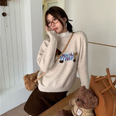 批发韩系腊肠小狗<b class='q'>可爱</b>小狗提花圆领毛衣百搭内搭针织女装毛衣上衣