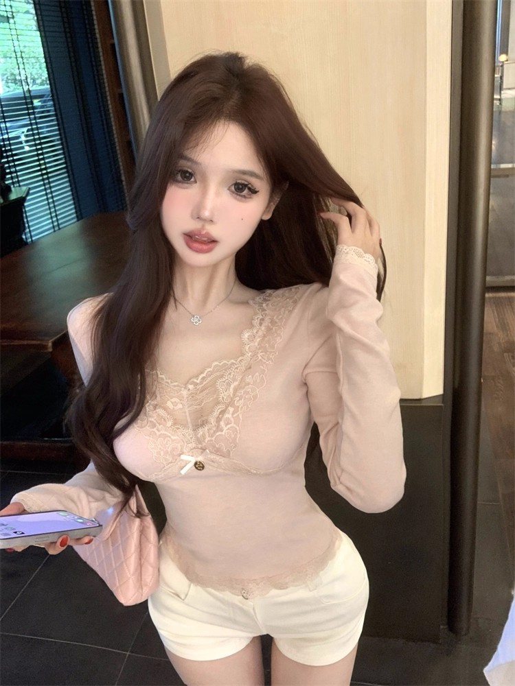 MY14085# 纯欲蕾丝女V领长袖上衣女裝貨源服裝批發