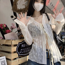 批发春秋开衫<b class='q'>收腰</b>修身轻熟上衣半透视雪纺衬衫系带外搭外套