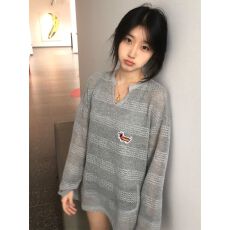 批发腊肠狗镂空微透轻薄女罩衫长袖T恤<b class='q'>防晒</b>上衣