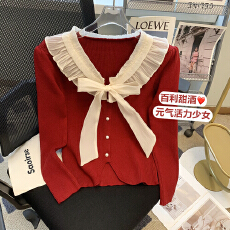 批发小香风法式娃娃领针织<b class='q'>打底</b>衫女内搭秋冬纯欲<b class='q'>上衣</b>荷叶边蝴蝶结毛衣