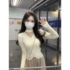 批发挂脖镂空泡泡袖气质设计感针织衫<b class='q'>上衣</b>女装秋季新款修身长袖<b class='q'>打底</b>衫