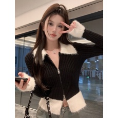 批发黑色短款polo领针织开衫女秋冬季毛毛领拉链毛衣修身内搭<b class='q'>打底</b><b class='q'>上衣</b>