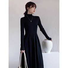 批发冬季配大衣内搭赫本风法式毛衣裙黑色半高领<b class='q'>打底</b>针织连衣裙女秋冬