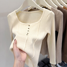 批发方领针织<b class='q'>打底</b>衫女毛衣内搭秋冬洋气设计感小众修身短款长袖<b class='q'>上衣</b>春