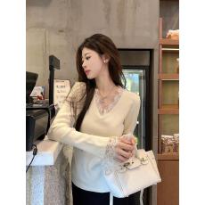 批发纯欲风V领蕾丝花边长袖针织衫女装秋冬季气质修身<b class='q'>打底</b>衫内搭<b class='q'>上衣</b>