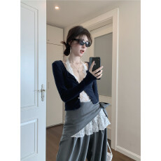 批发纯欲风套装女性感蕾丝挂脖<b class='q'>背心</b>上衣早秋单排扣长袖<b class='q'>针织</b>开衫两件套