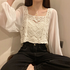 批发法式锁骨方领上衣女设计感2024新款春季秋韩版温柔风短款<b class='q'>雪纺</b><b class='q'>衬衫</b>