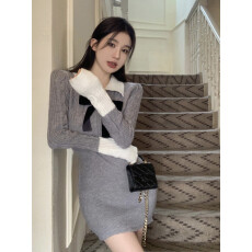 批发灰色甜辣妹针织<b class='q'>长</b>袖连衣裙女装毛衣打底短裙秋冬修身显瘦包臀<b class='q'>裙子</b>