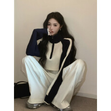 批发韩系撞色毛衣女秋冬2023新款小个子高腰插肩袖拉链短款针织衫<b class='q'>上衣</b>