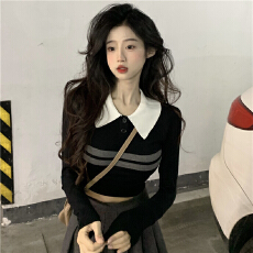 批发纯欲风polo领针织打底衫女秋冬修身高腰短款条纹长袖翻领毛衣<b class='q'>上衣</b>