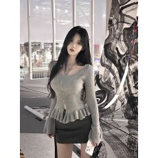 批发绝辣腰姬 秋季修身针织衫秋设计感长袖内搭挂脖<b class='q'>荷叶边</b>毛织上衣