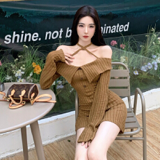 批发2023夏季新款绑带一字肩纯欲针织连衣裙辣妹性感<b class='q'>长</b>袖翻领包臀<b class='q'>裙子</b>