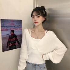 批发设计感小众上衣秋冬2020新款假两件<b class='q'>毛衣</b>心机<b class='q'>短款</b>V领长袖针织衫女