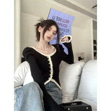 批发法式花边撞色<b class='q'>短款</b><b class='q'>毛衣</b>女春秋不规则气质修身内搭打底针织开衫上衣