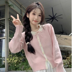 批发时尚温柔粉色毛衣外套女<b class='q'>夏</b>季2025新款蝴蝶结宽松软糯甜美针织开衫