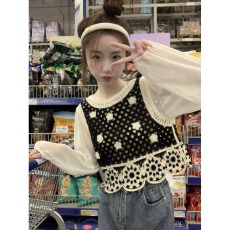 批发镂空拼接雪纺长袖假两件上衣女秋季2025年<b class='q'>新款</b>复古百搭针织衫外穿