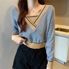 批发宽松V领女早秋2025年外穿新款<b class='q'>短款</b>针织衫假两件爆款法式上衣<b class='q'>毛衣</b>