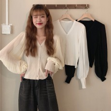 批发针织衫女秋季薄款2025年<b class='q'>新款</b>V领灯笼袖雪纺拼接法式气质开衫上衣