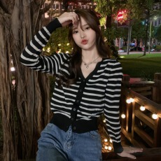 批发春秋季条纹针织衫女开衫长袖薄款上衣2025新款<b class='q'>夏</b>季小众毛衣外套早