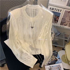 批发链条镂空长袖冰丝针织衫女外搭2025<b class='q'>夏</b>秋新款白色防晒潮牌修身上衣