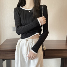 批发短款上衣配高腰裤女早秋内搭针织打底衫2025新款修身显瘦长袖<b class='q'>t</b><b class='q'>恤</b>