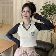 批发美式复古正肩polo领长袖<b class='q'>T</b><b class='q'>恤</b>女早秋季设计感修身短款辣妹打底上衣