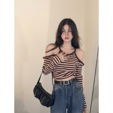 批发设计感心机露肩条纹<b class='q'>T</b><b class='q'>恤</b>女2025秋季新款小众紧身长袖显瘦短款上衣