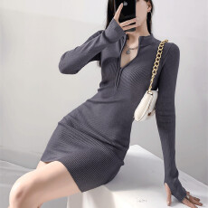 批发欧美性感拉链半高领打底针织连衣裙女秋冬修身紧身包臀毛衣短<b class='q'>裙子</b>
