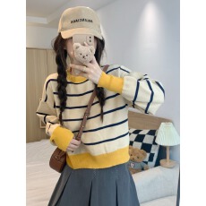 批发条纹针织衫小上衣女装秋季2025新款<b class='q'>宽松</b>短款套头外穿独特别致毛衣